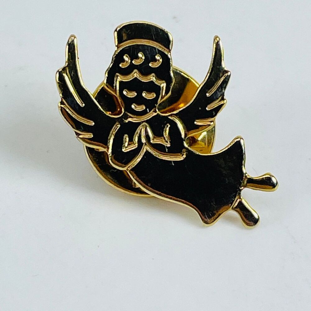 VTG Christmas Angel Pinback Button Praying Flying Enamel Gold Tone approx .75"